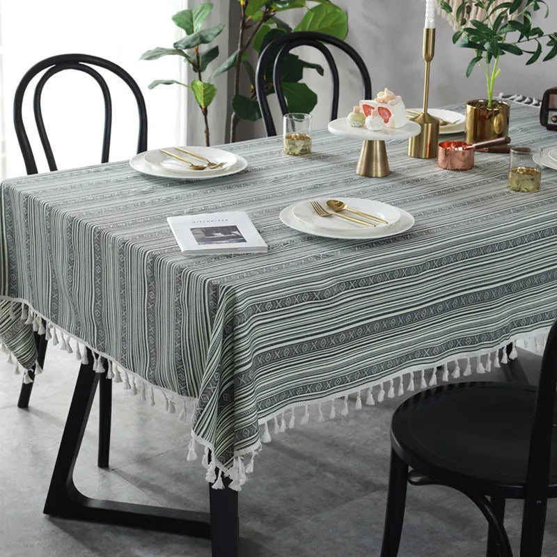 Hemasa  Bohemian Dining Tablecloth Colour Cotton Stripe Print Table Cloth Tassels