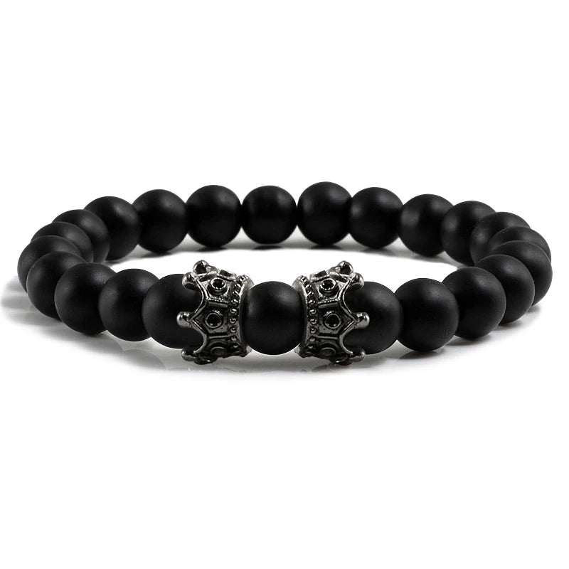 Hemasa Men Black Lava Bracelet Natural Stone Bead Bracelet with Gold Color Black Double Crown Bracelet Couple Jewelry