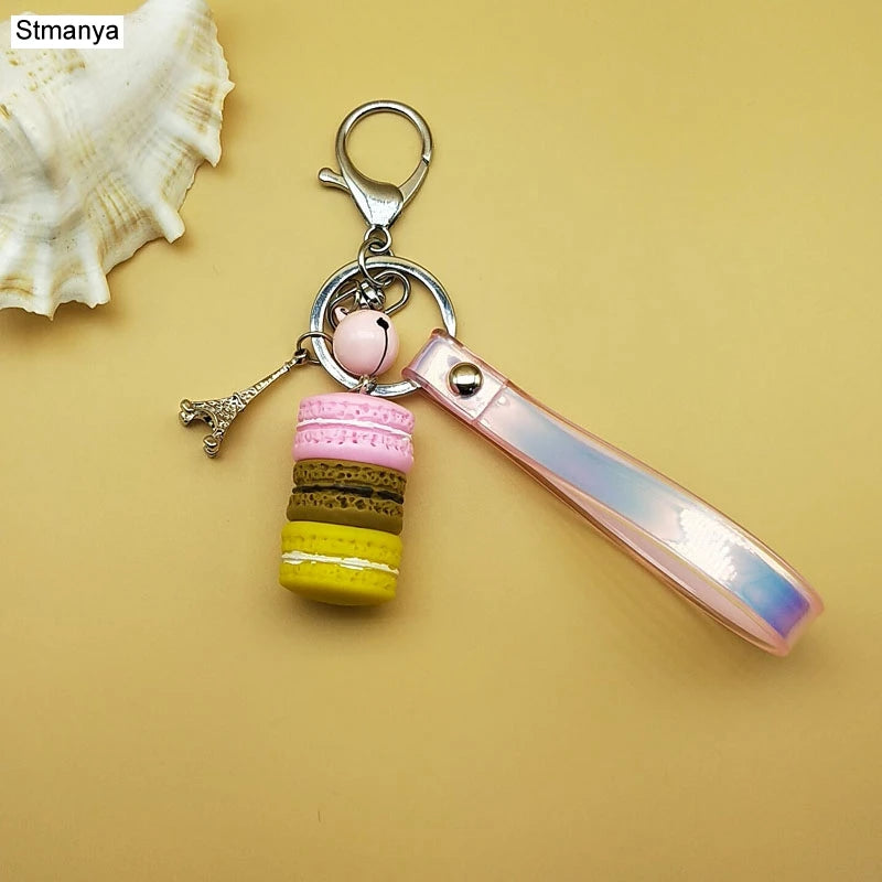 New Cake Key chain fashion car Key Ring Women bag charm accessories France Cake Macarons with Eiffel Tower Keychain gift Jewelry