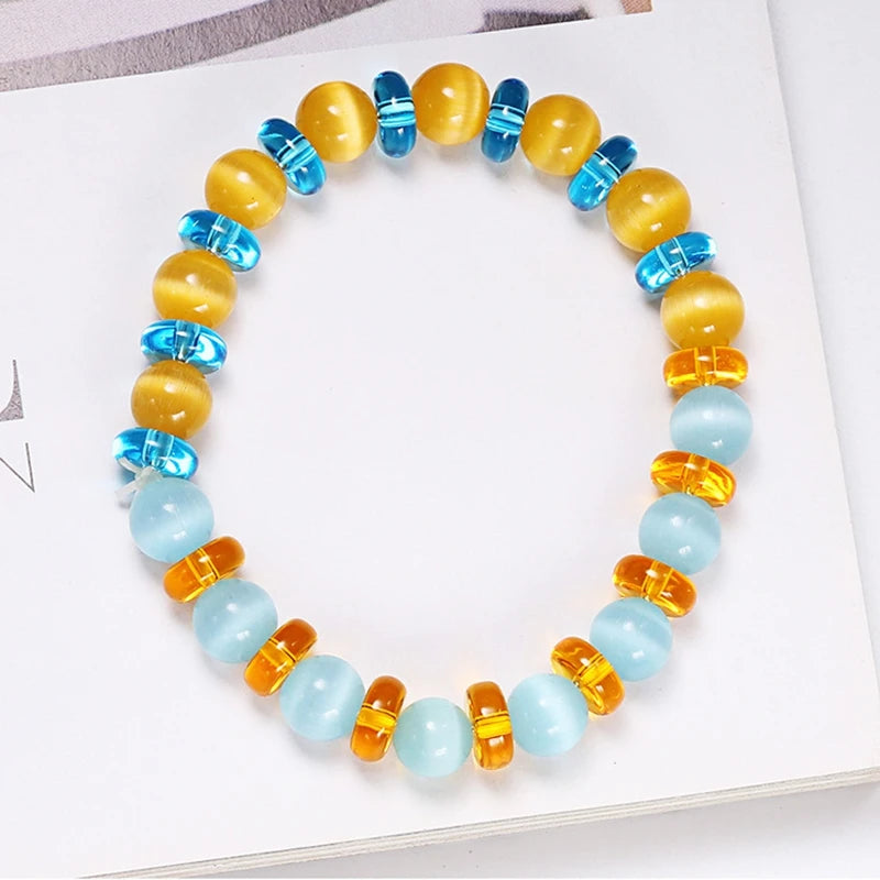 Blue Yellow Cat's Eye Stone Elastic Beaded Bracelet Creative European Fresh Trendy Opal Wrist Chain Accessory Costume Jewelry