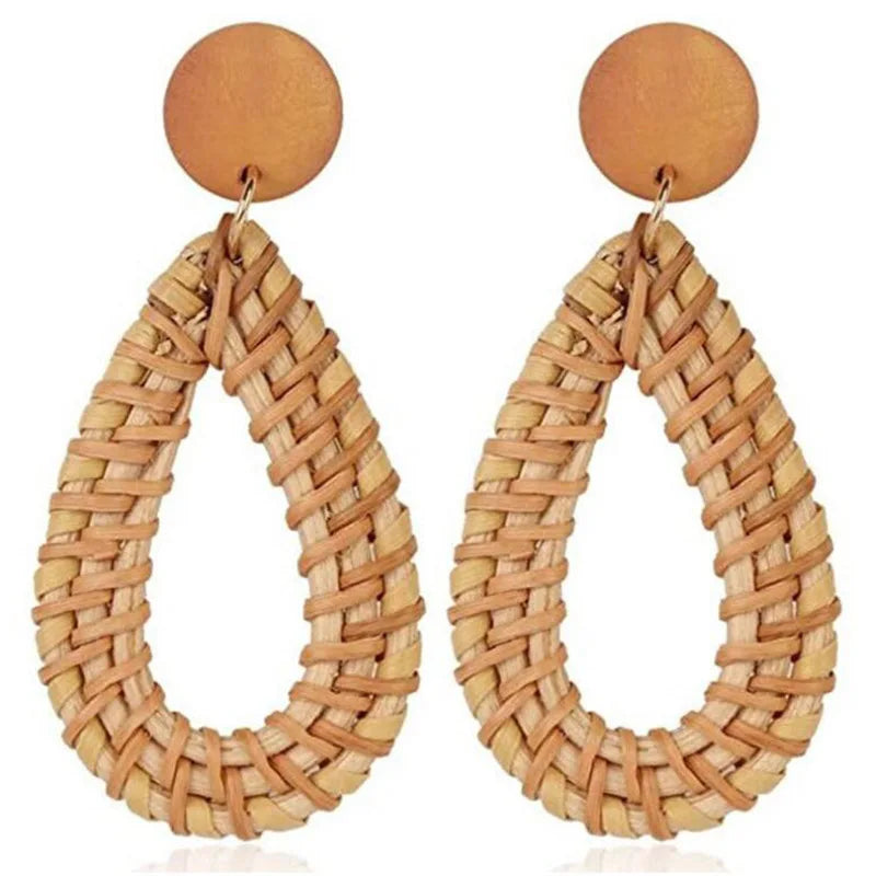 YAOLOGE 2024 New Korea Handmade Wooden Straw Woven Rattan Vine Braid Geometric Large Circle Long Drop Earrings For Women Girl