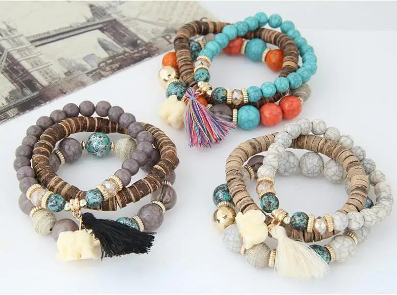3pcs/set Wooden Beads Bracelets For Women Bohemia Elephant Tassel Charm Bracelets & Bangles Set Boho Vintage Jewelry Femme