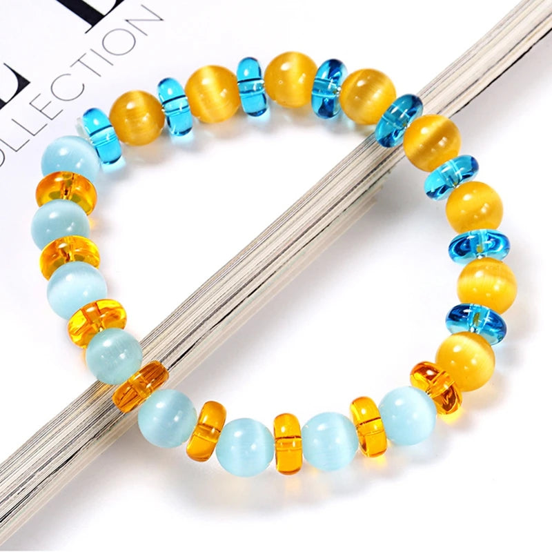 Blue Yellow Cat's Eye Stone Elastic Beaded Bracelet Creative European Fresh Trendy Opal Wrist Chain Accessory Costume Jewelry