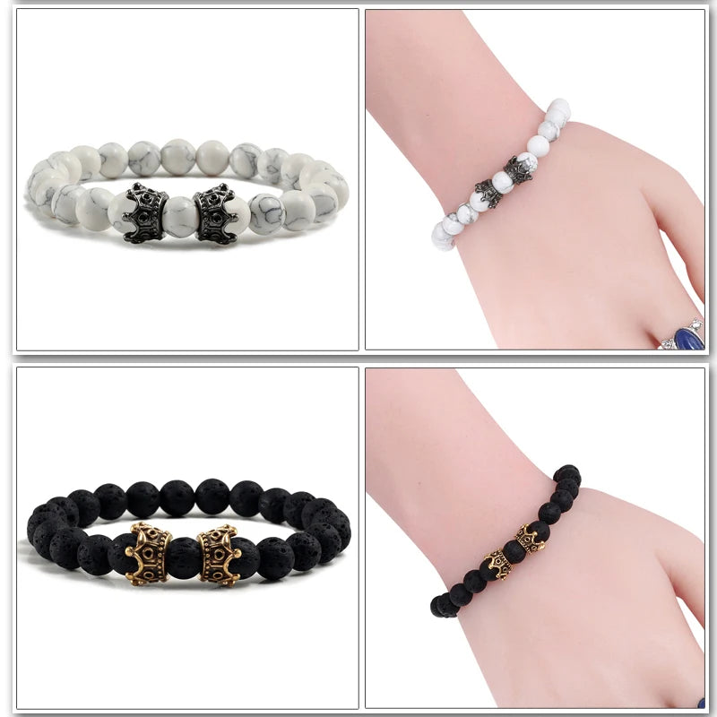 Hemasa Men Black Lava Bracelet Natural Stone Bead Bracelet with Gold Color Black Double Crown Bracelet Couple Jewelry