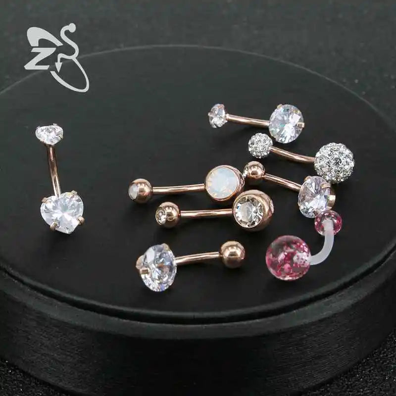 ZS 8pcs/lot Navel Belly Button Ring Heart Crystal Gem Rose Gold Color Piercings Omblig Navel Piercing Stainless Steel Piercing