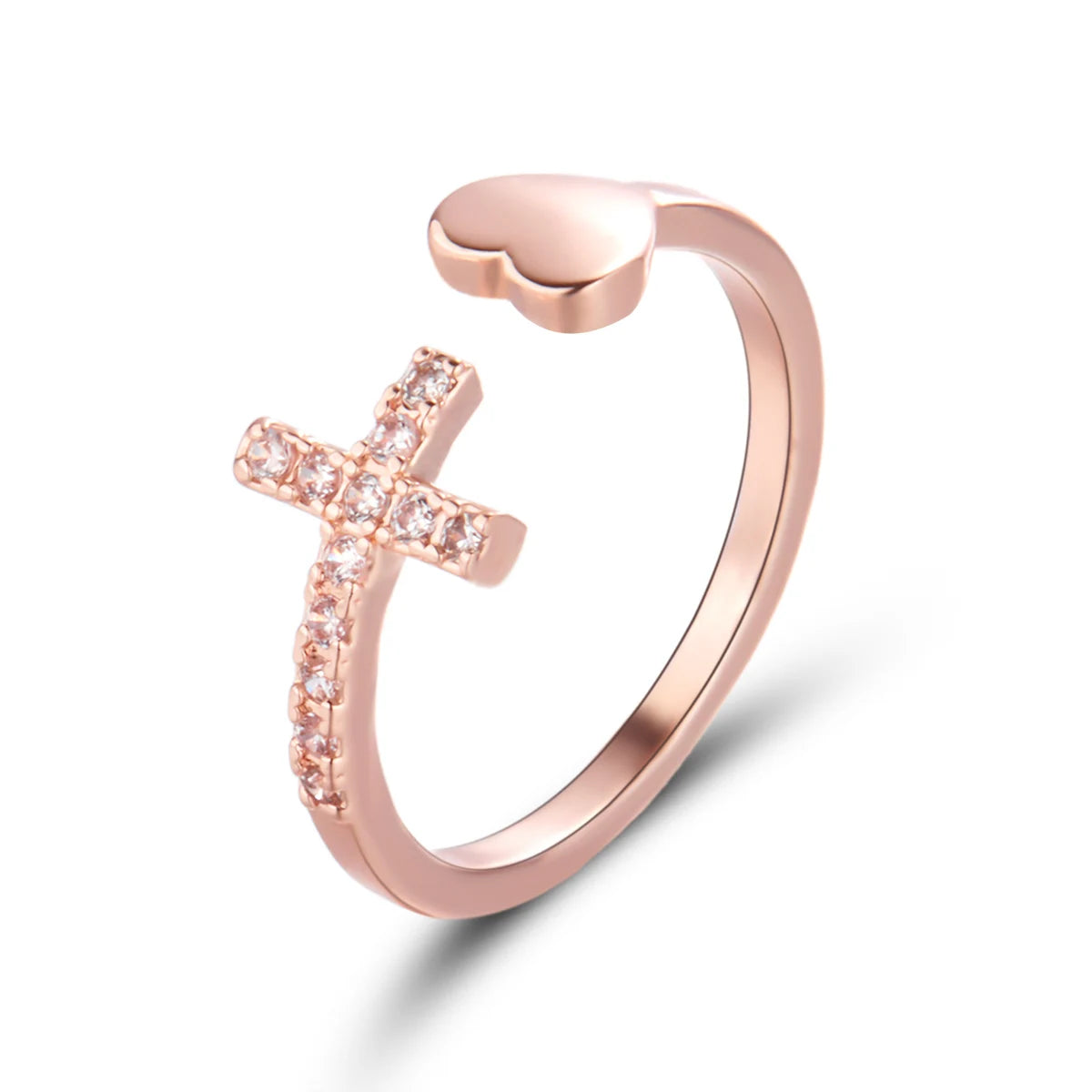 Classic Popular Zircon Cross With Heart Rings For Women New Rose Gold Color Open Adjustable Wedding Ring Dropshipping