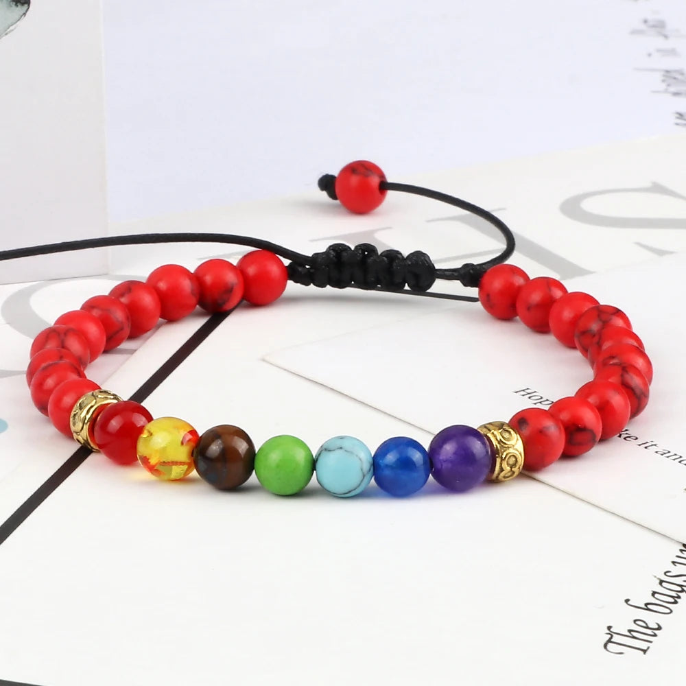 Lucky Red Beads Braid 7 Chakra Bracelets Men Natural Stone Reiki Prayer Stretch Bracelets Couples Distance Bangles Women Jewelry