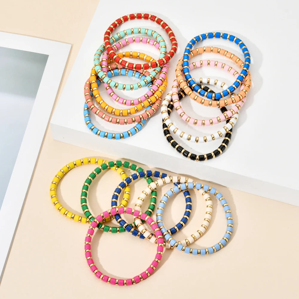 New Fashion Boho Style Metal Enamel Charm Stone Beaded Bracelets for Women Men Yoga Stretch Bracelets Bangles Jewelry Gift