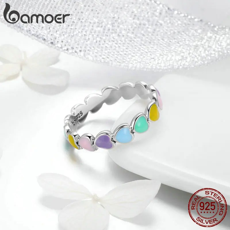 BAMOER 925 Sterling Silver Cute Rainbow Heart Finger Ring for Women Stackable Silver Ring with Mini Hearts Trendy Jewelry SCR444