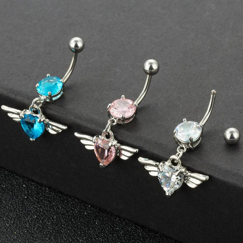 14G Heart Wing Crystal Navel Belly Button Ring Barbell Body Piercing Jewelry