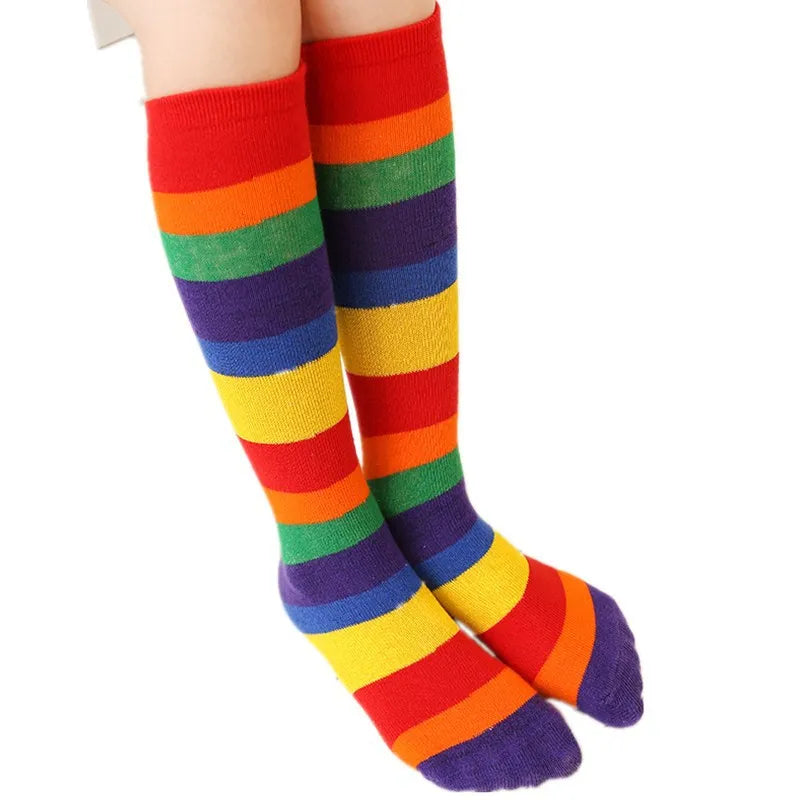 Children Girls Socks Knee Casual Fashion Rainbow Striped Christmas Hose Kids Breathable Cotton Stocking Legwarmers
