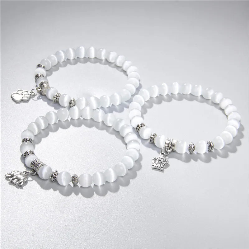 Butterfly Charm White Cat Eye Stone Bracelets For Women Men Crown Swan Elephant Pendant Moonstone Beads Bracelet Fashion Jewelry