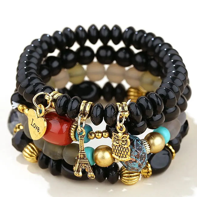 Candy Color Multilayer Bohemia Bracelets Resin Beads Stone Bracelets Sets Bijoux Owl Charm Bracelet Femme Jewelry