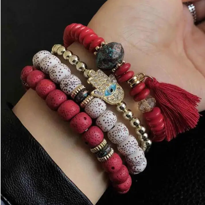 Hemasa 4pcs Boho Hand And Eyes Pendant Charm Natural Beads Bracelets Set
