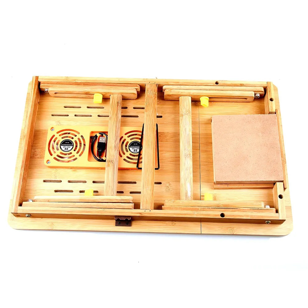 Hemasa Bamboo Laptop Desk With Cooling Fan Pad Tray Adjustable Portable Folding Lapdesk Notebook Stand For Bed Tablet Business Gifts