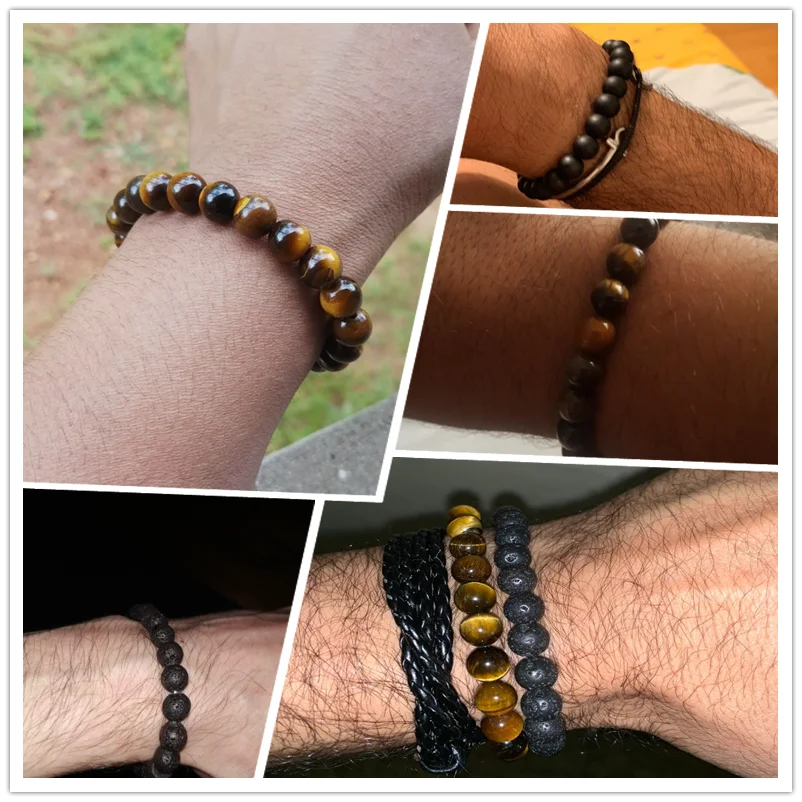 Hemasa 8mm Tiger Eye Stone Beads Bracelet Adjustable Braided Rope Bangles/ Natural Lava Rock Men Women Yoga Healing Balance Bracelets