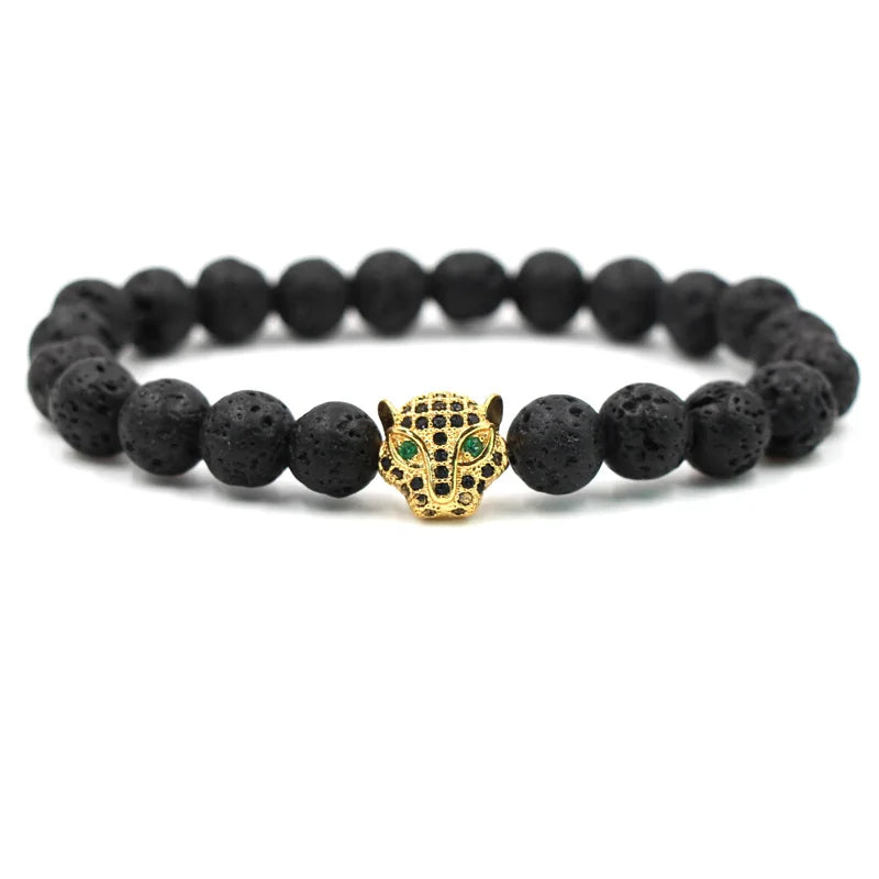 Classical Natural Black Volcanic Lava Stone Bracelet Pave CZ Leopard Head Bracelets Bangles For Men&Women Friend Charm Jewelry