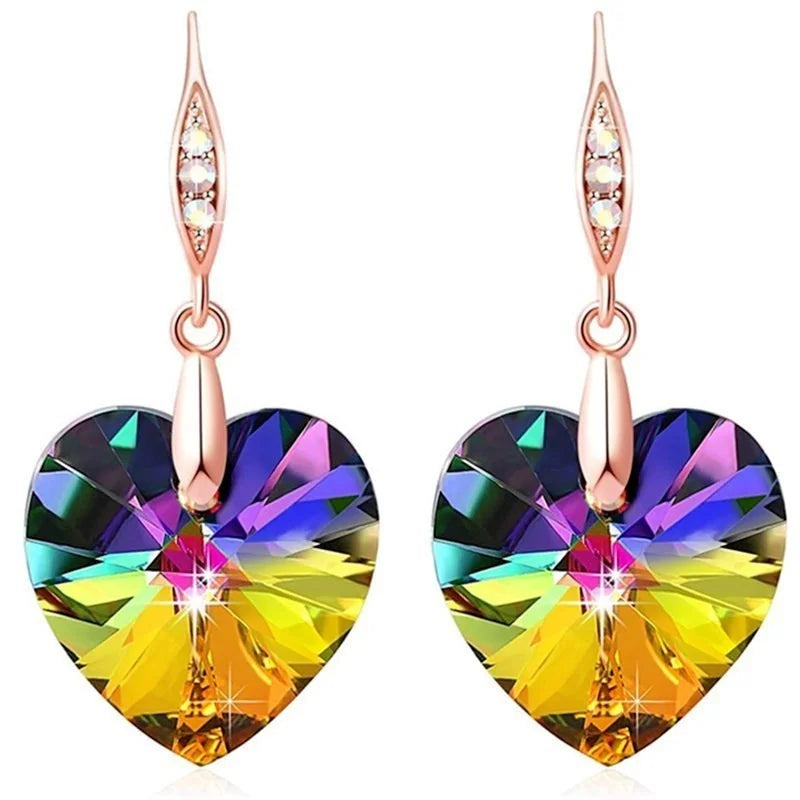 Rose Gold Heart Crystals Drop Earrings for Women Girls Birthday Fashion Jewelry Gifts