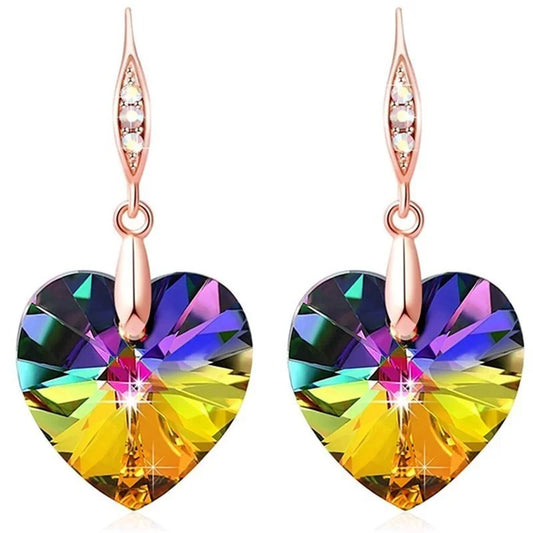 Rose Gold Heart Crystals Drop Earrings for Women Girls Birthday Fashion Jewelry Gifts