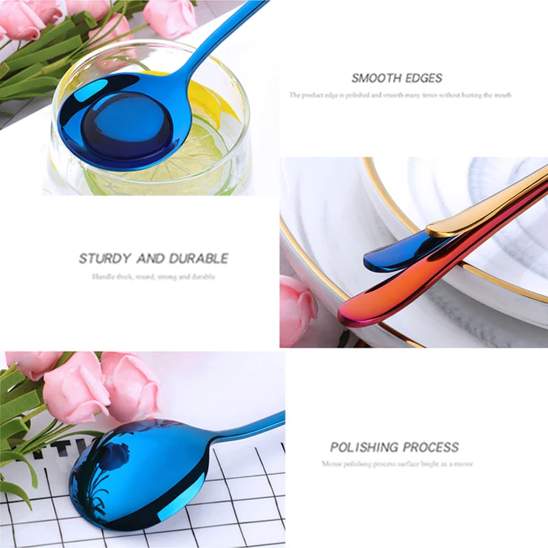 Hemasa Stainless Steel Coffee Tea Spoons /Gold Blue Beautiful Teaspoons/ Mixing Soup Spoon Dinnerware Flatware Christmas Serving Spoon