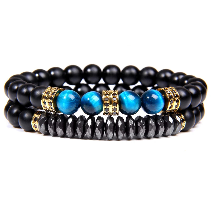 Fashion 2pcs Bead Bracelet Men Natural Tiger Eye Hematite Obsidian Beaded Bracelets Homme Energy Stretch Bracelet Men Jewelry