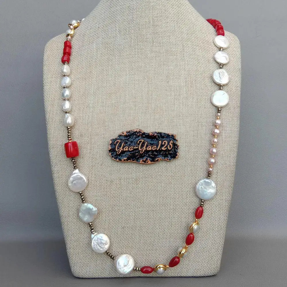 YYGEM Red Coral tube Hematite Rondelle  natural Freshwater White Baroque  Pearl Sweater chain Necklace 33'' For Women Gift
