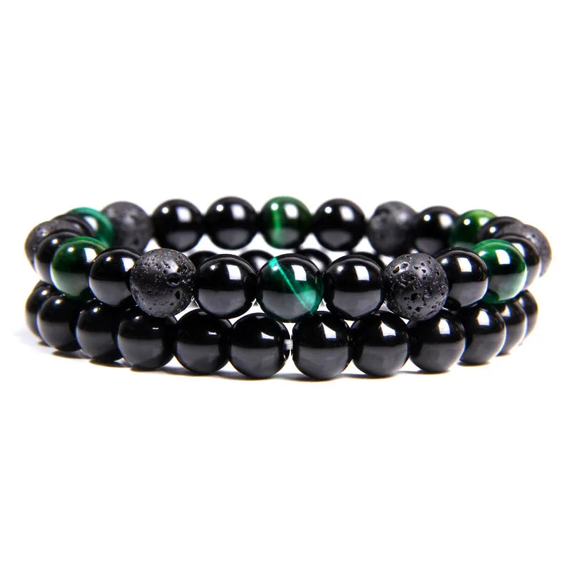 Fashion 2pcs Bead Bracelet Men Natural Tiger Eye Hematite Obsidian Beaded Bracelets Homme Energy Stretch Bracelet Men Jewelry