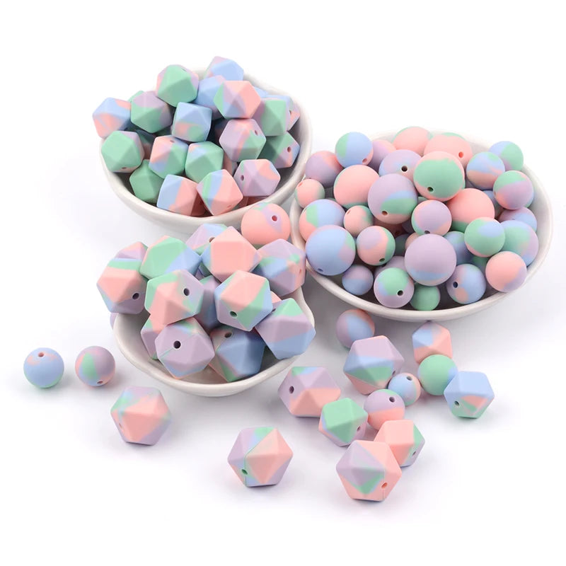 LOFCA 20pcs Tie dye leopard Terrazzo Dalmatian camo Silicone Beads Teething Beads DIY Chewable Colorful Teething For Infant Baby