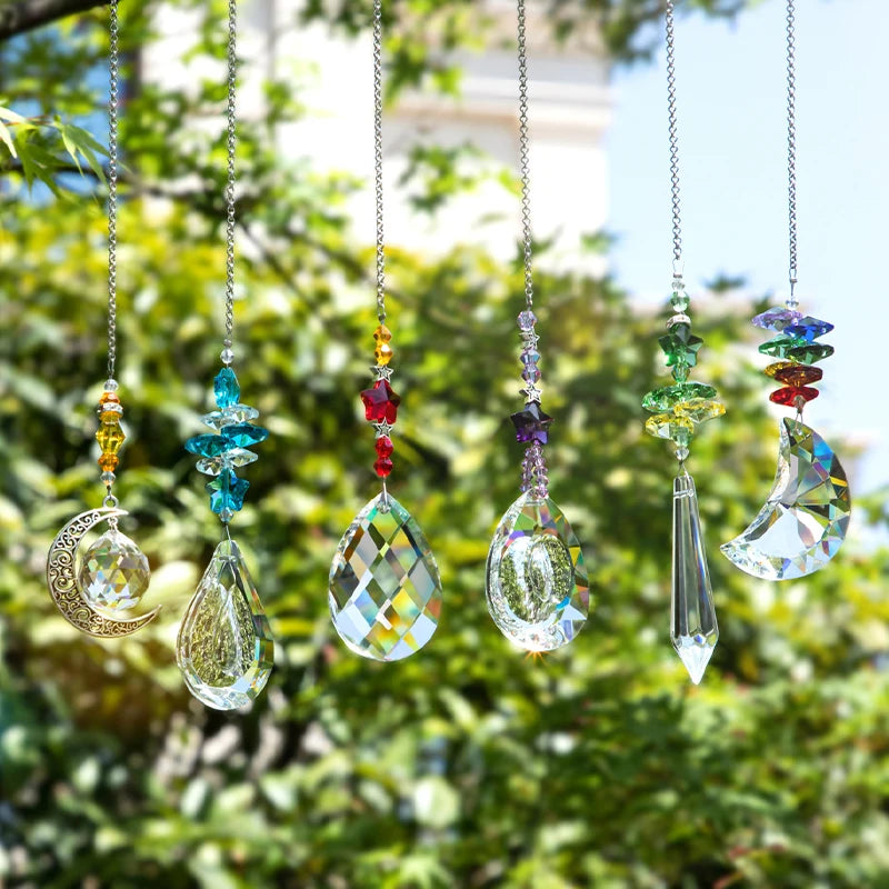 H&D 6PCS Crystal Star & Moon Suncatchers Gift Rainbow Maker Glass Chandelier Prisms Hanging Light Catcher for Window Home Garden