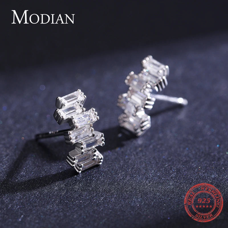 Modian 925 Sterling Silver Luxury Emerald Cut Stud Earrings for Women Dazzling Clear CZ Hypoallergenic Ear Pins Fine Jewelry