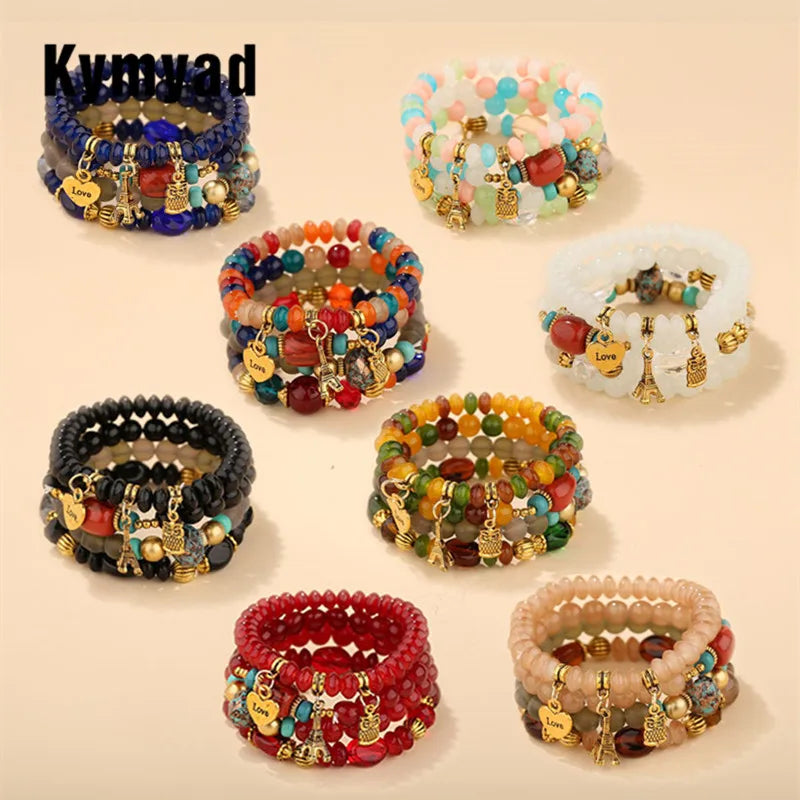 Candy Color Multilayer Bohemia Bracelets Resin Beads Stone Bracelets Sets Bijoux Owl Charm Bracelet Femme Jewelry