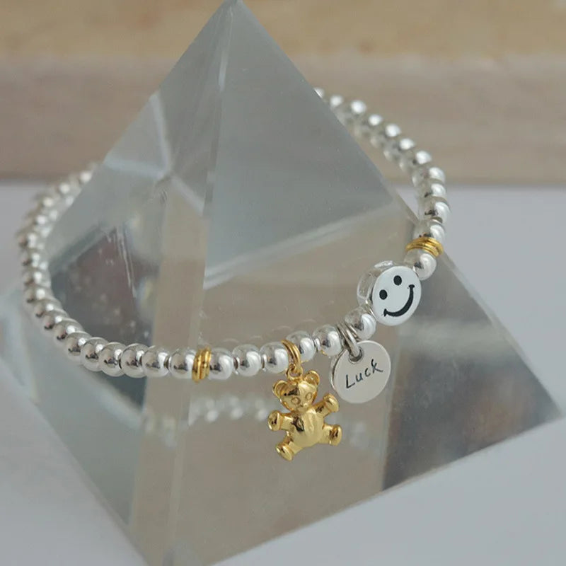 QMCOCO Unique Creative Silver Color Round Pendant Smile Face Bear Round Bead Bracelet Women New Korean Fashion Hand Ornaments
