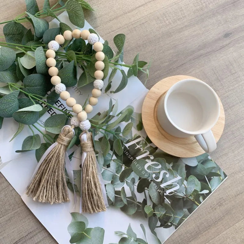 Handmade Wood Bead Garland With Jute Tassel Rustic Wooden Home Decoration Garlands For Rattan Macrame Wall Hanging Boho Gift
