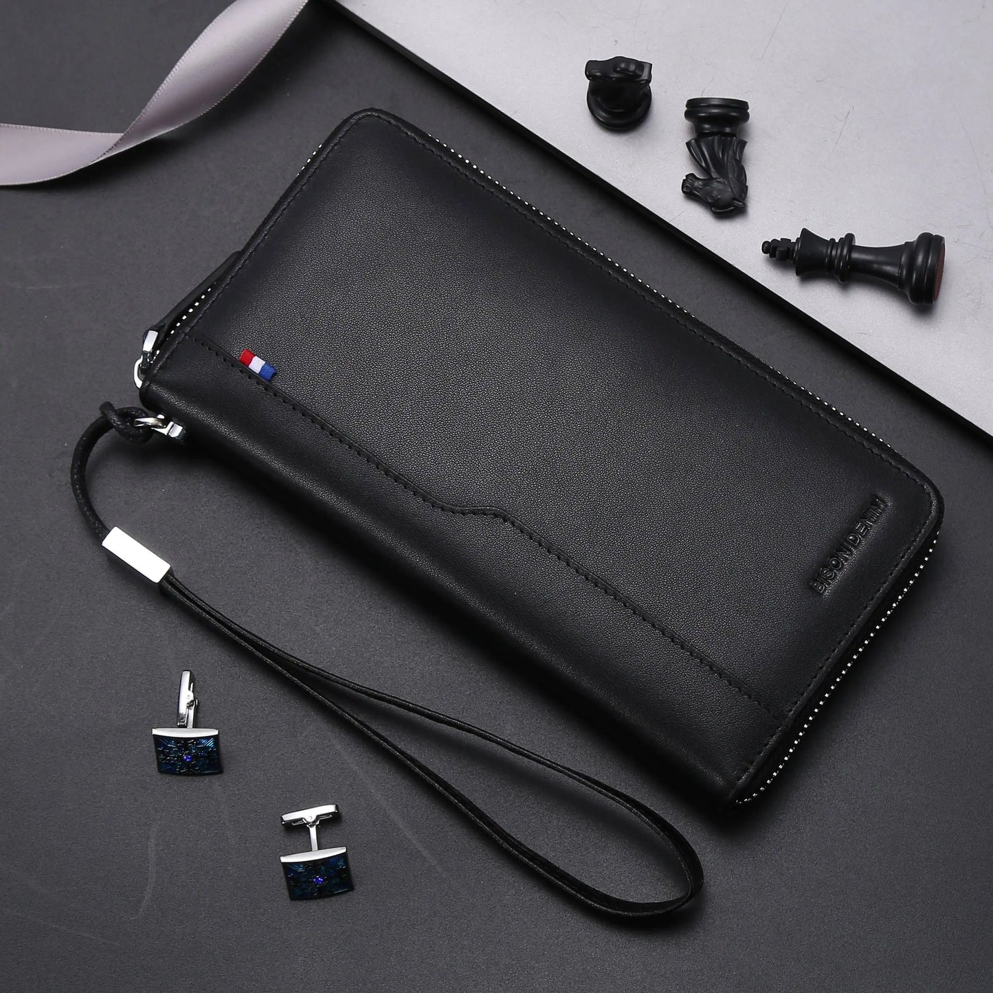 BISON DENIM Genuine Leather Men's Wallet RFID Blocking Long Purse Coin Case Passport Cover For Mens Credit Card Holder W8226