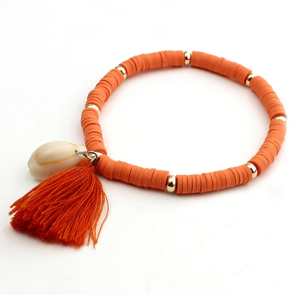 Boho Multicolor Polymer Clay Heishi Beads Cowrie Seashell Cotton Tassels Stretch Bracelet Women Lady Summer Shell Jewelry Gift