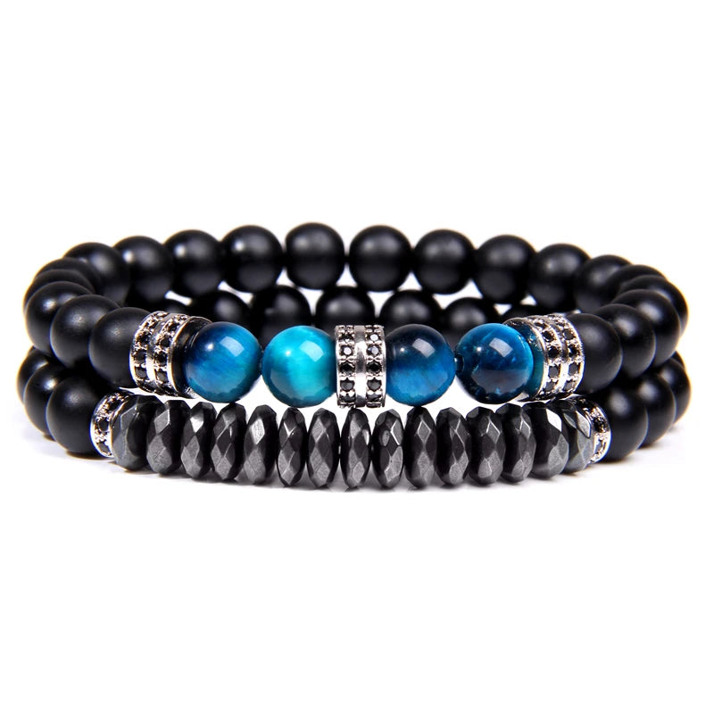 Fashion 2pcs Bead Bracelet Men Natural Tiger Eye Hematite Obsidian Beaded Bracelets Homme Energy Stretch Bracelet Men Jewelry