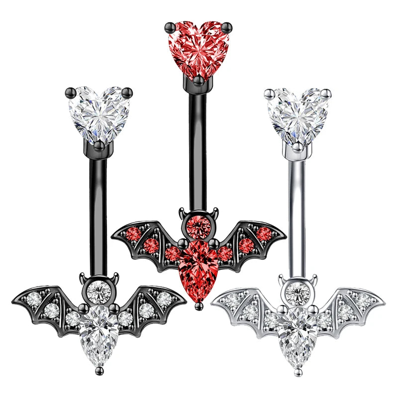 ZS 14G Bat Belly Button Ring Crystal Bat Navel Piercing Black Plated Body Piercing  Red Zircon Bat Belly Piercing Jewelry Women