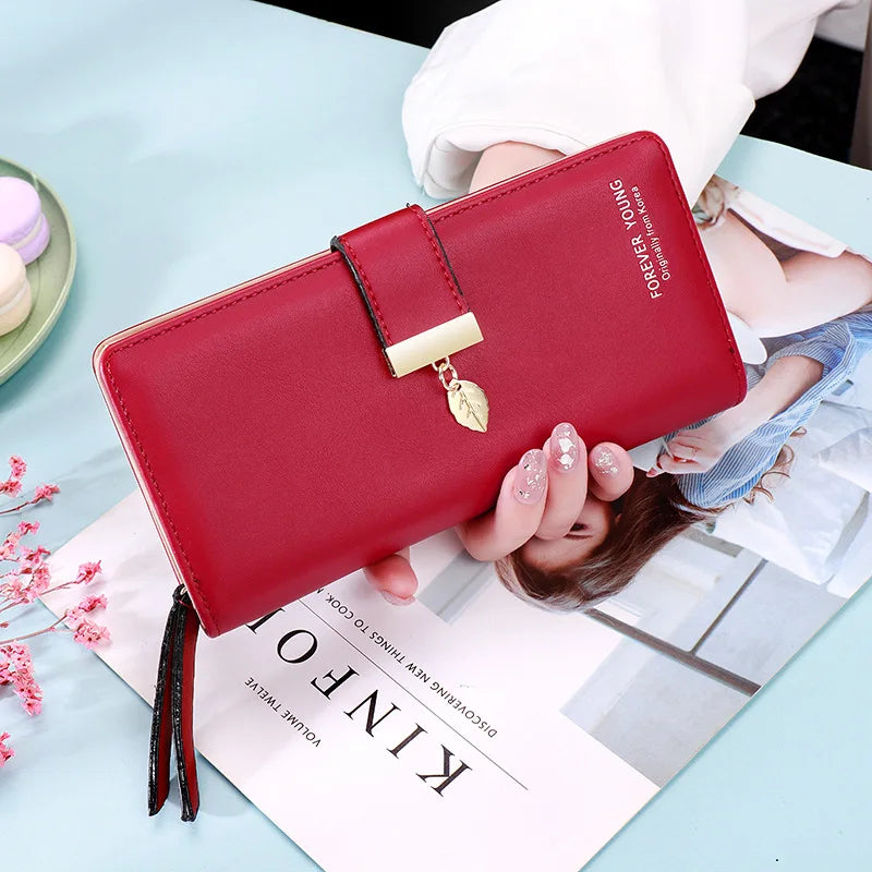 Hemasa Fashion Leaf Pendant Women's Long Wallets Female PU Leather Zipper Coin Purse Hasp Money Clutch Bag Large Capacity Card Holders