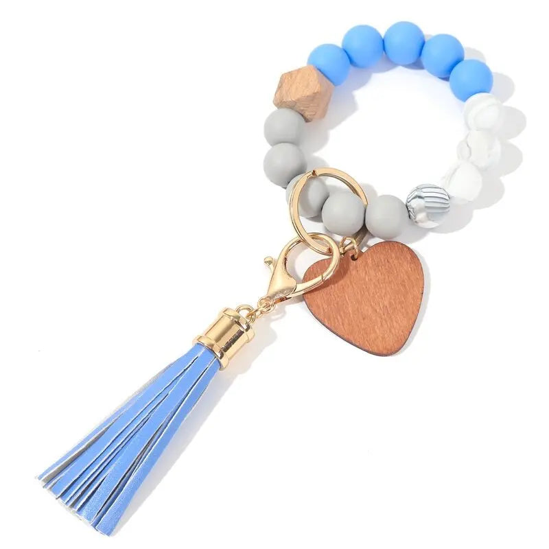 Silicone Keychain For Keys Tassel Wood Beads Bracelet Keyring For Women Multicolor Beads Keychain Fashion Keychain Wholesale