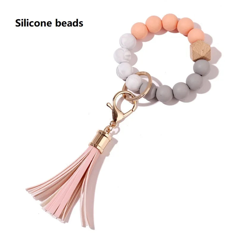 Silicone Keychain For Keys Tassel Wood Beads Bracelet Keyring For Women Multicolor Beads Keychain Fashion Keychain Wholesale
