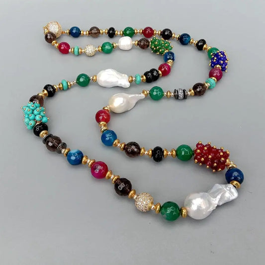 YYGEM Different shape Smoky Quartz Agate Turquoise 16x26mm  Freshwater Cultured White Keshi Pearl Long Necklace 33"