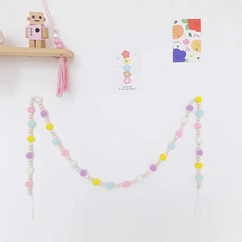 Scandinavian Wood Beads Pompom Ball Garland Wall Hanging String Ornaments Kids Girl Bedroom Nursery Room Baby Shower Decorations
