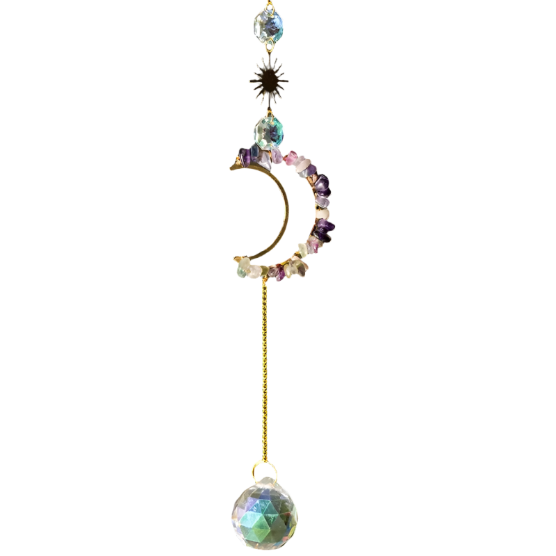fashion jewelry crystal spiritual heal decor wind bells hanging natural mix quartz crystal crescent moon Sun catchers for gift
