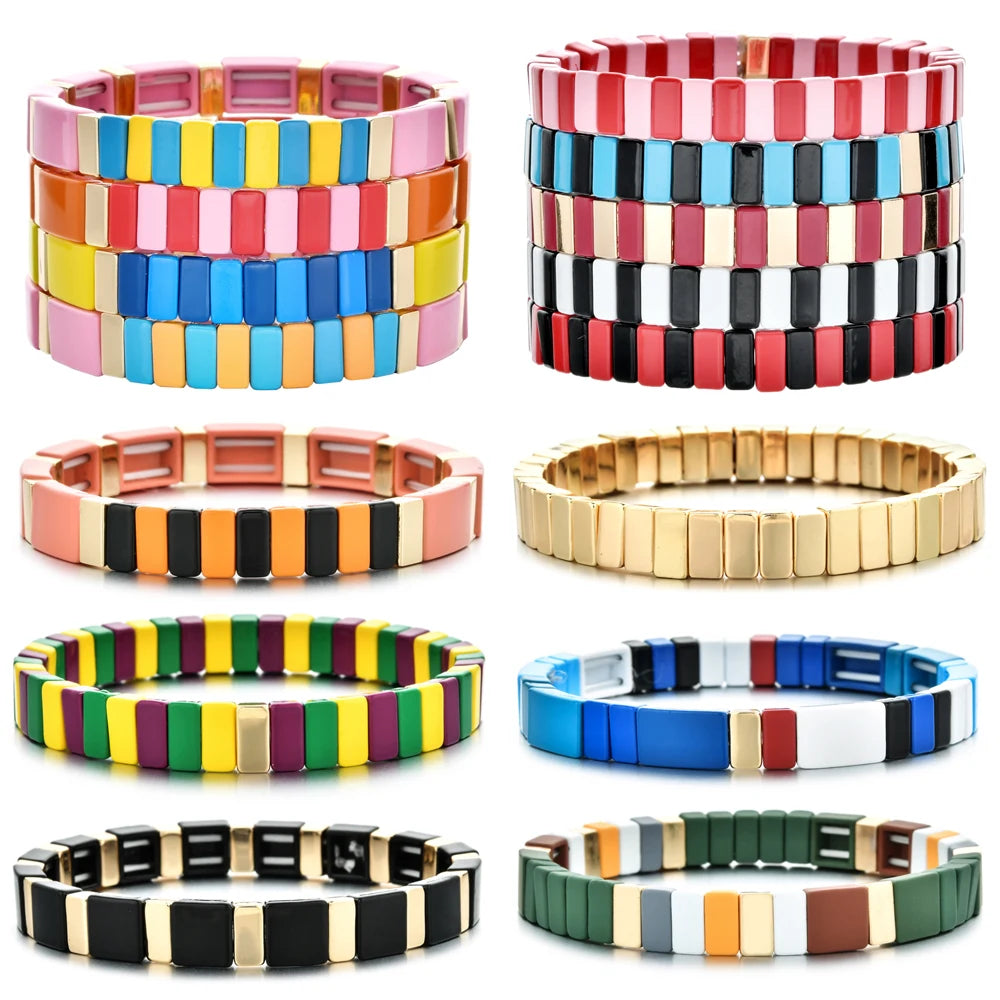 Hemasa Neon  Rainbow  Enamel Tile Beads Bracelets for Women/Girls