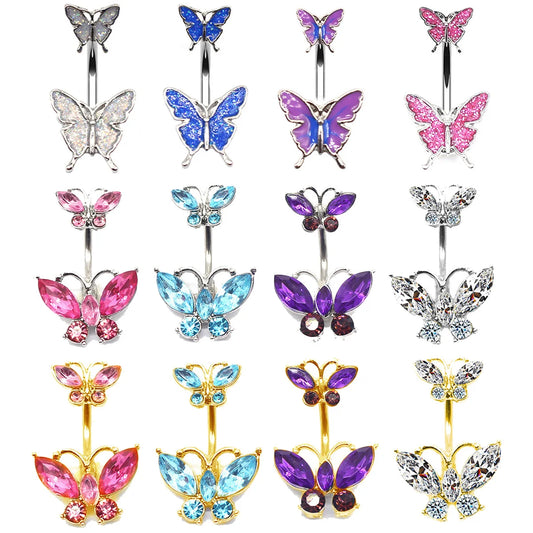 Shiny Double Butterfly Glass Belly Button Ring Trends Exquisite Navel Ring Piercing Belly Ring Umbilical Piercing Jewelry Gift