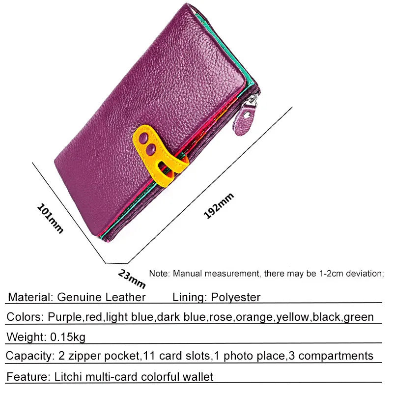 Tejesa Genuine Leather Long Clutch Ladies Purse with Zipper Pocket/ Colorful Phone Wallet