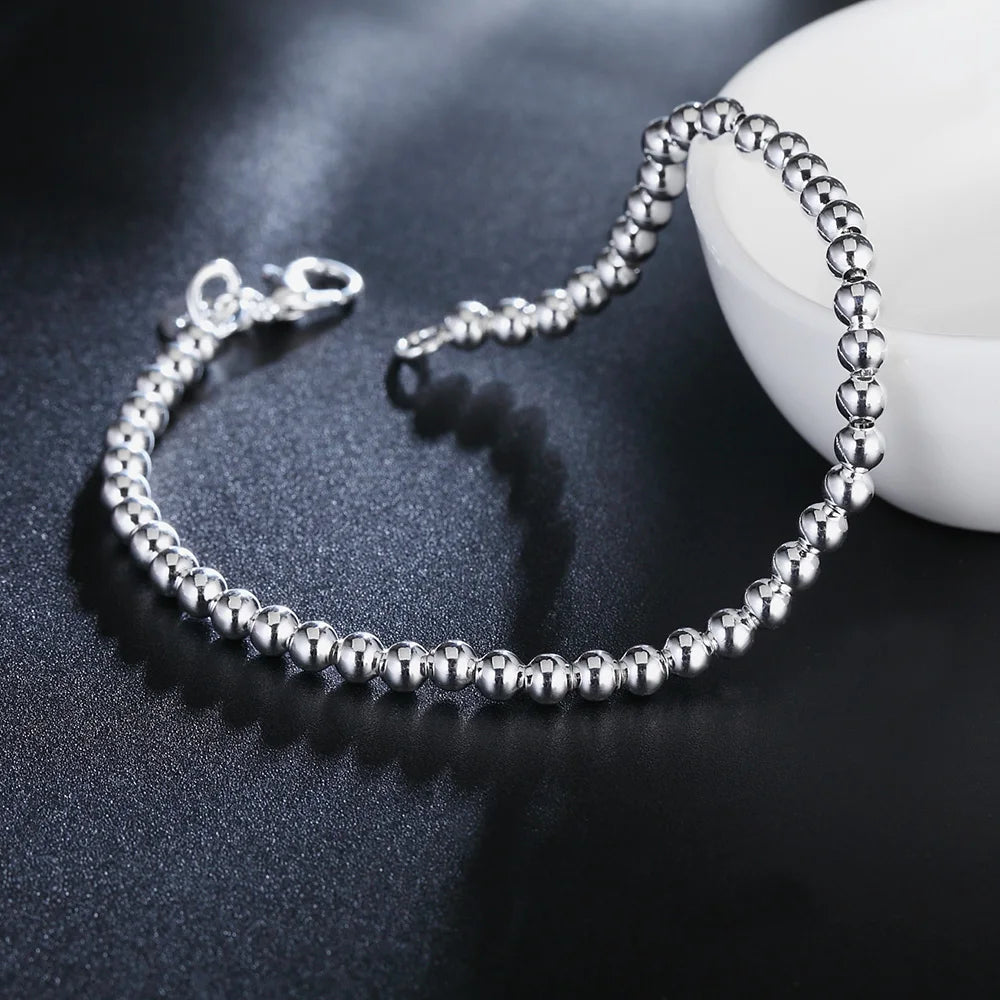 100% 925 Solid Real Sterling Silver Fashion 4mm Beads Chain Bracelet for Women 20cm For Teen Girls Lady Gift Women Fine Jewelry