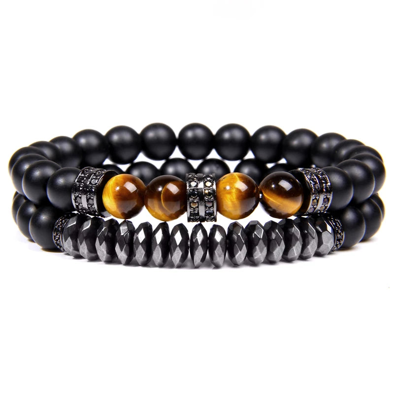 Fashion 2pcs Bead Bracelet Men Natural Tiger Eye Hematite Obsidian Beaded Bracelets Homme Energy Stretch Bracelet Men Jewelry