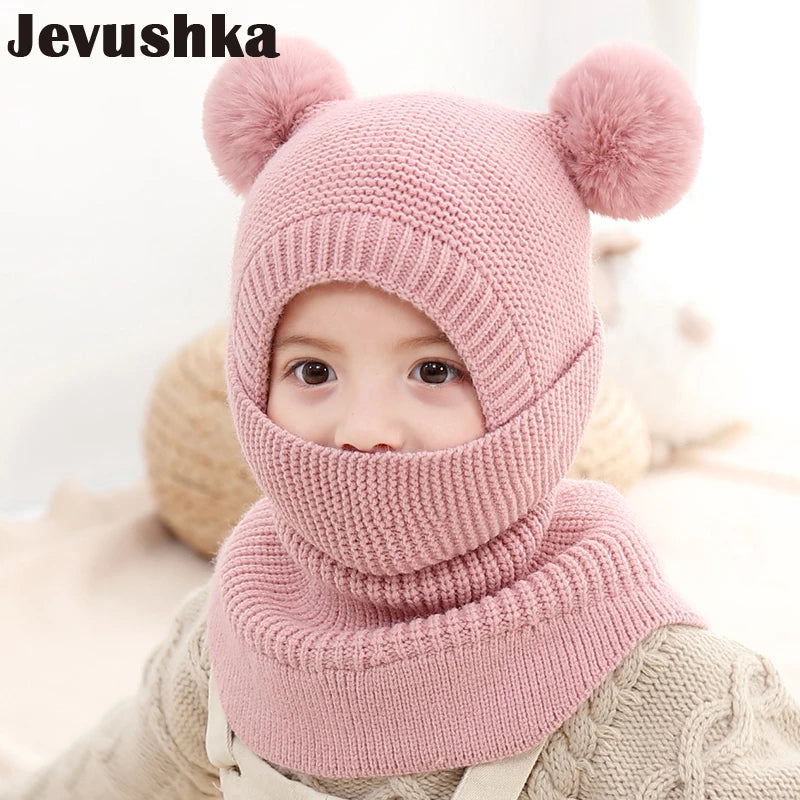 Winter Baby Balaclava Hat PomPom Knit Kids Beanie Hat for Baby Girl and Baby Boy Hat Scarf Double Layer