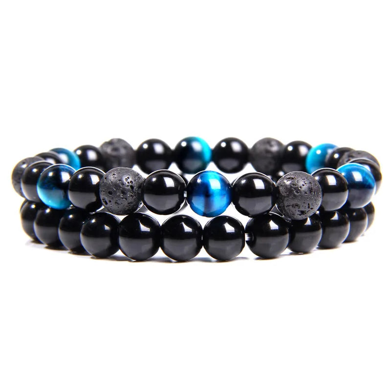 Fashion 2pcs Bead Bracelet Men Natural Tiger Eye Hematite Obsidian Beaded Bracelets Homme Energy Stretch Bracelet Men Jewelry